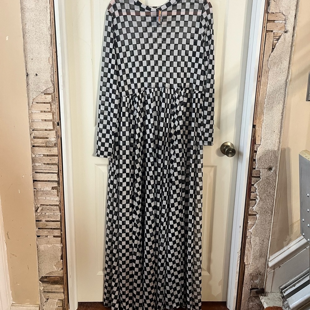 Checkerboard Long Sleeve Mesh Dress